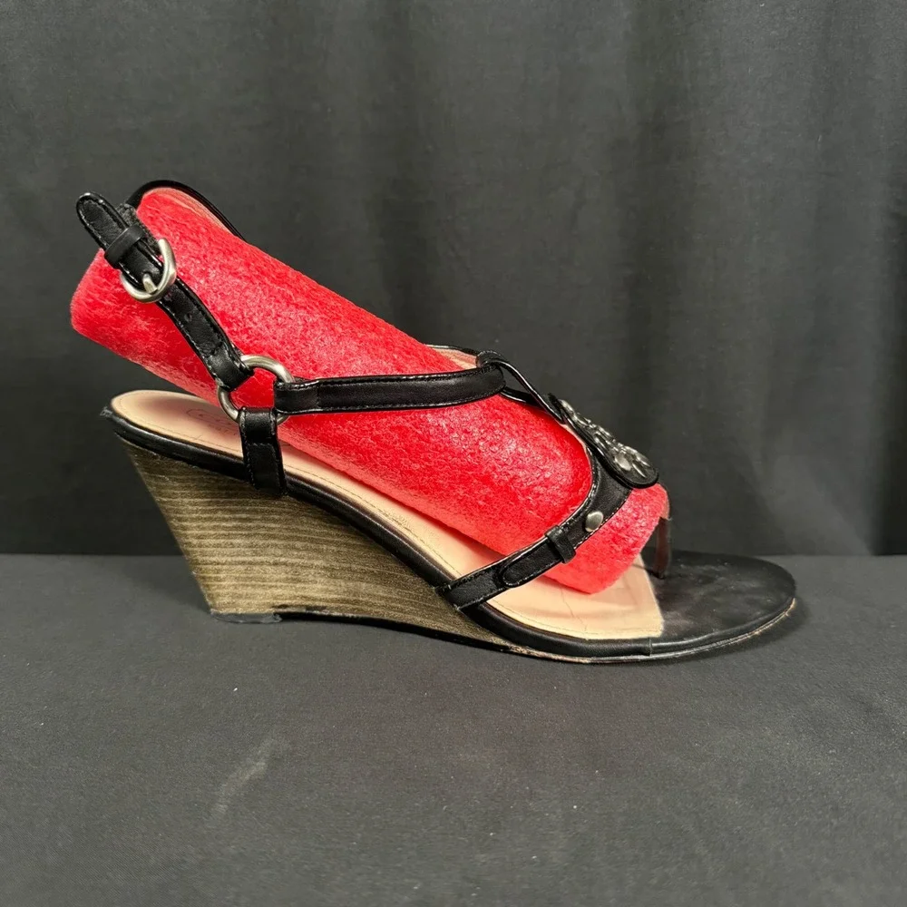 Coach Harper Wedge Sandals Black Calf Leather Studded Medallion Womens 10B A0216